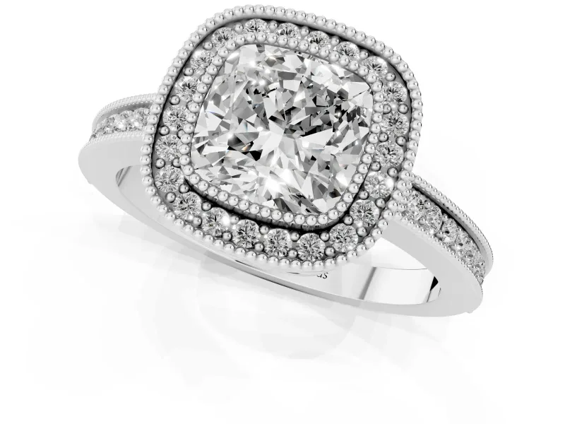 Cushion Cut Diamond Halo Ring Set in Platinum with Pavé Band and Milgrain-Edged Prongs