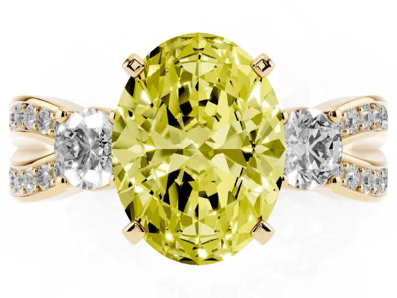 Fancy Yellow Three-Stone Oval Cut Diamond Twist Band Ring Set in Yellow gold with Pavé Accents and Prong Setting