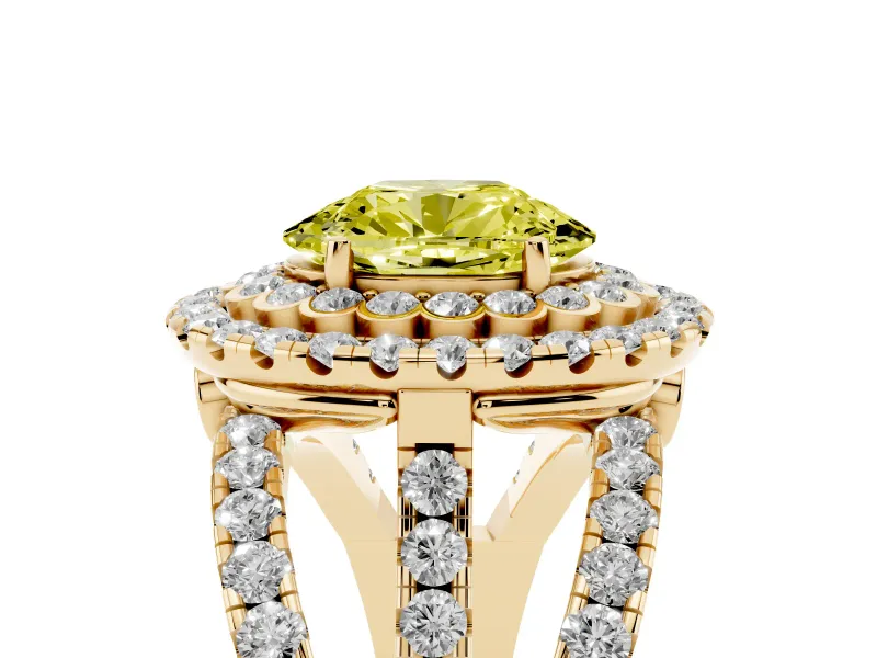 Oval Double Halo Split Shank Engagement Ring Setting for a Fancy Yellow Lab-Grown Diamond | Pave Strands | Yellow Gold