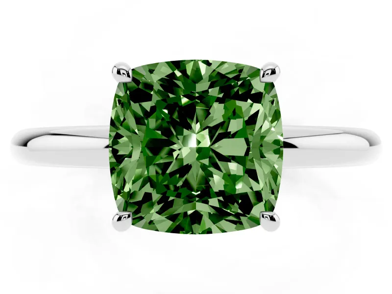 Fancy Green Cushion Cut Diamond Solitaire Ring Set in Platinum with Thin Band and Prong Setting