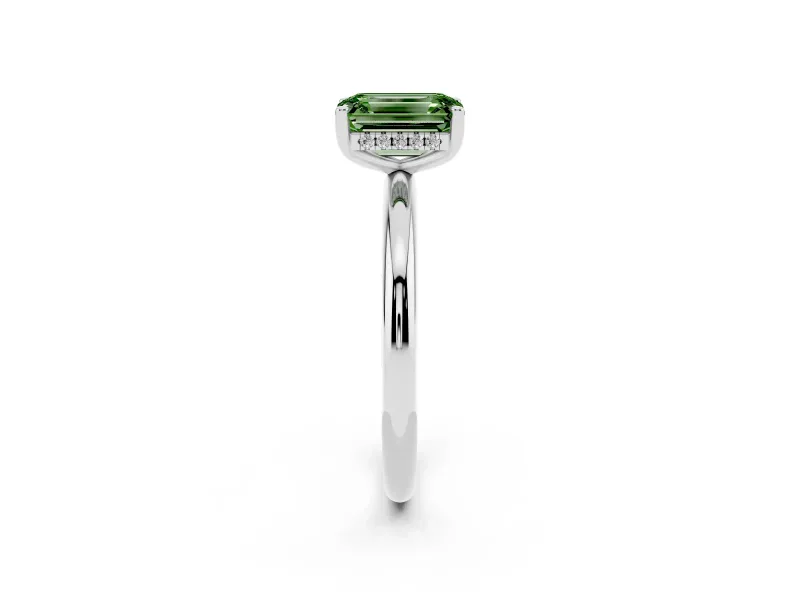 Fancy Green Emerald Cut Diamond Solitaire Engagement Ring Set in Platinum with Prong Setting and Polished Band