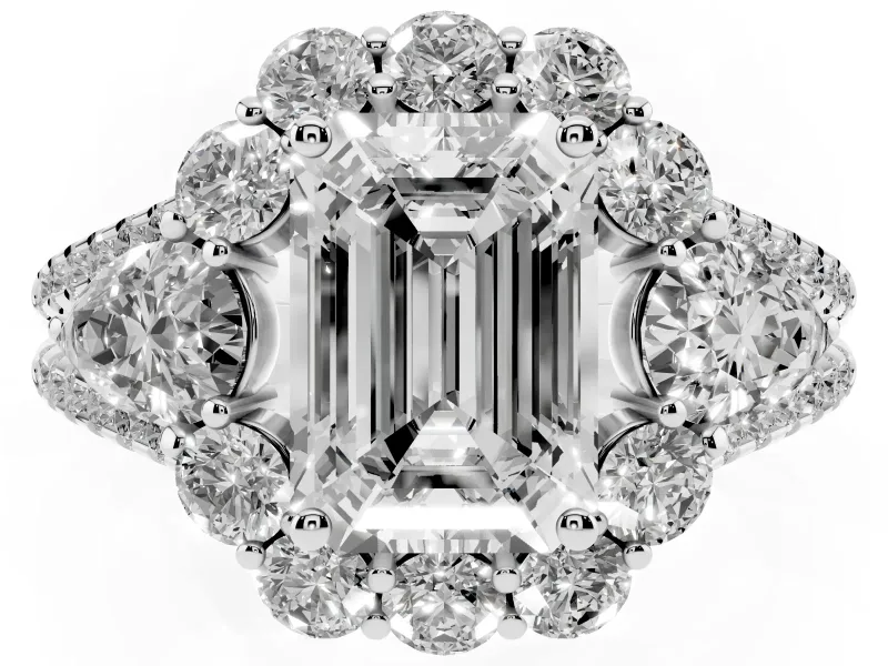 Emerald Cut Scalloped Halo Engagement Ring Setting | Pear Side Stones | Platinum