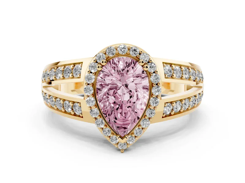 Fancy Pink Pear Cut Diamond Halo Ring Set in Yellow gold with Double Pavé Split Shank