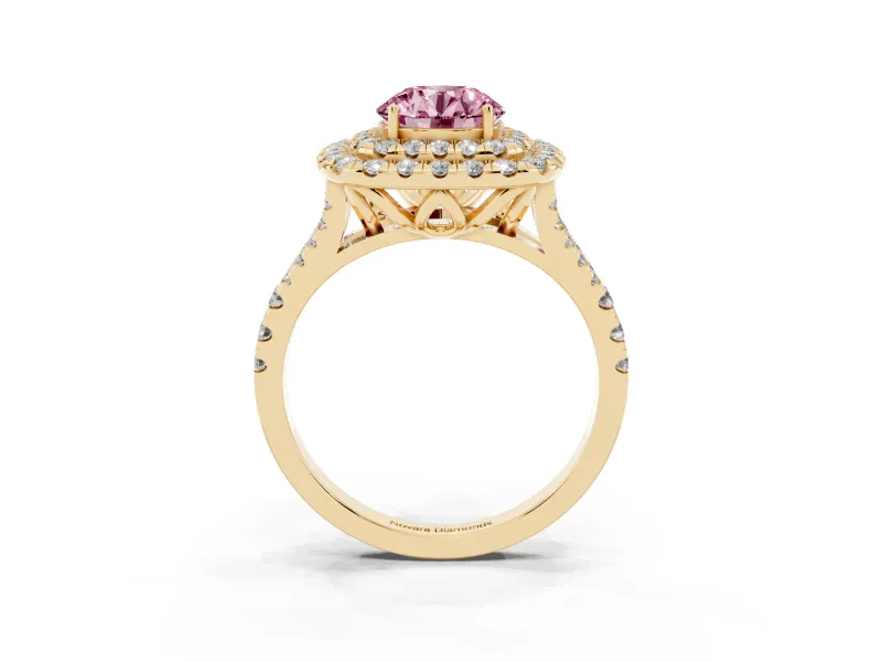 Round Halo Split Shank Engagement Ring Setting for a Fancy Pink Lab-Grown Diamond | Pavé Strands | Yellow Gold