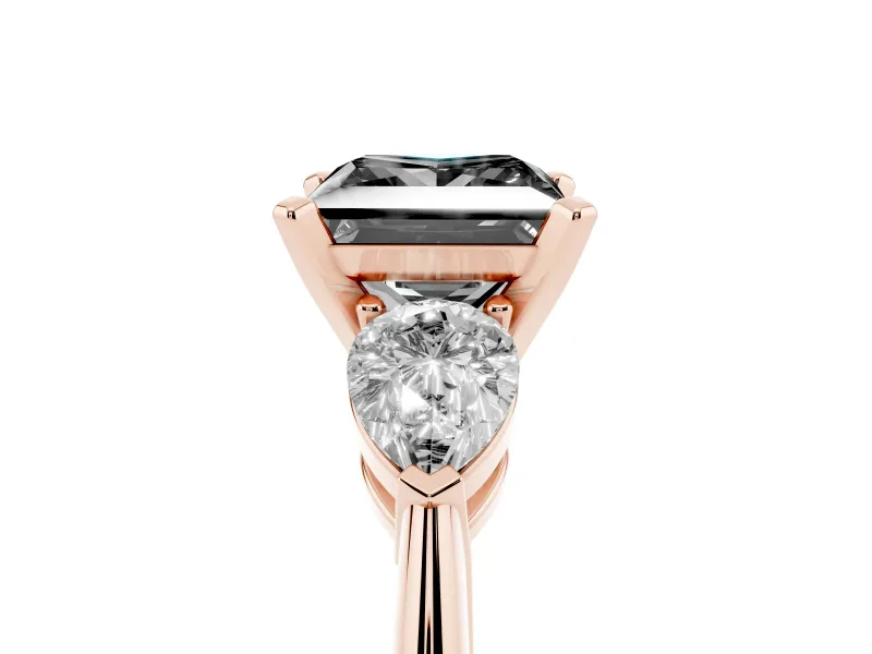 Fancy Black Three-Stone Princess Cut Diamond Ring Set in Rose gold with Pear Side Stones and Prong Setting