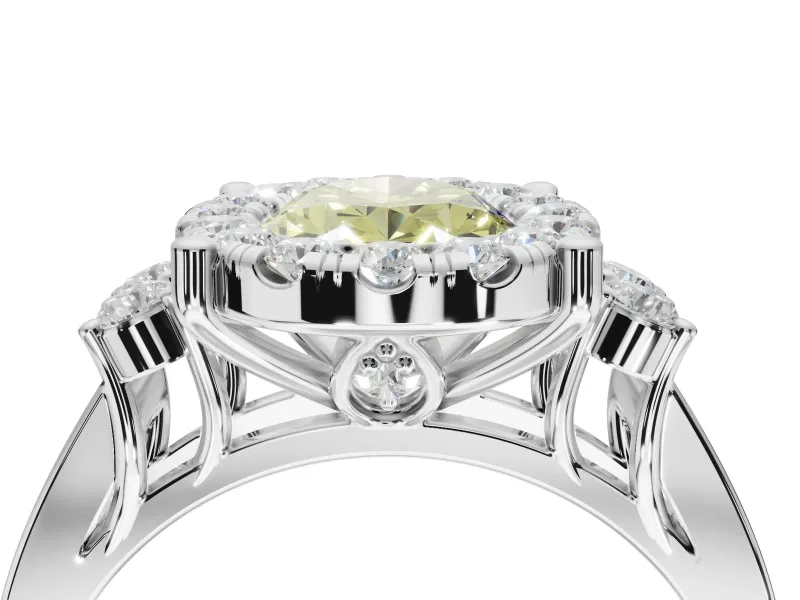 Oval Halo Engagement Ring Setting for a Fancy Yellow Lab-Grown Diamond | Side Clusters | White Gold