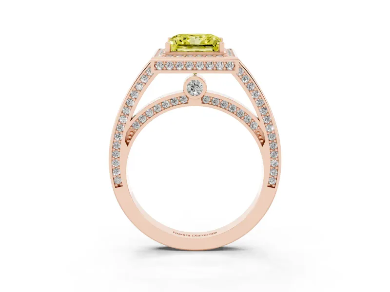 Fancy Yellow Princess Cut Diamond Halo Pavé Split Shank Ring Set in Rose gold with Prong Setting