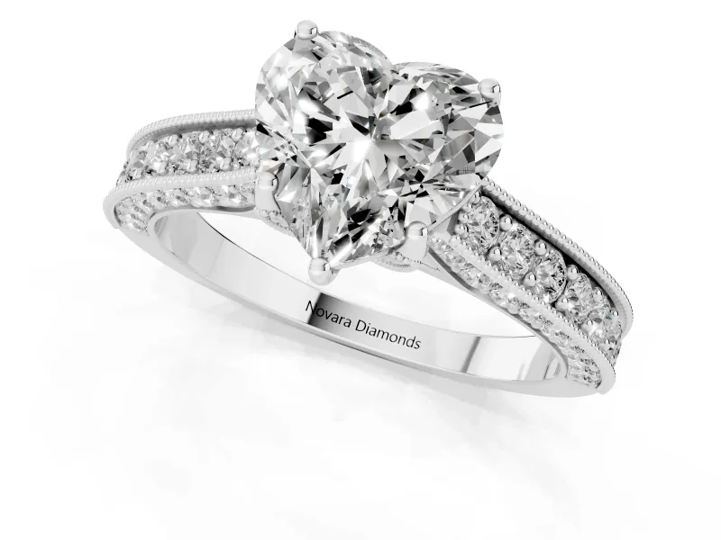 Heart-Shaped Vintage Hidden Halo Engagement Ring Setting | Milgrain Pave Band | White Gold