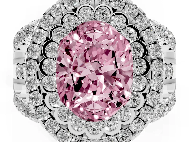 Oval Double Halo Split Shank Engagement Ring Setting for a Fancy Pink Lab-Grown Diamond | Pave Strands | Platinum