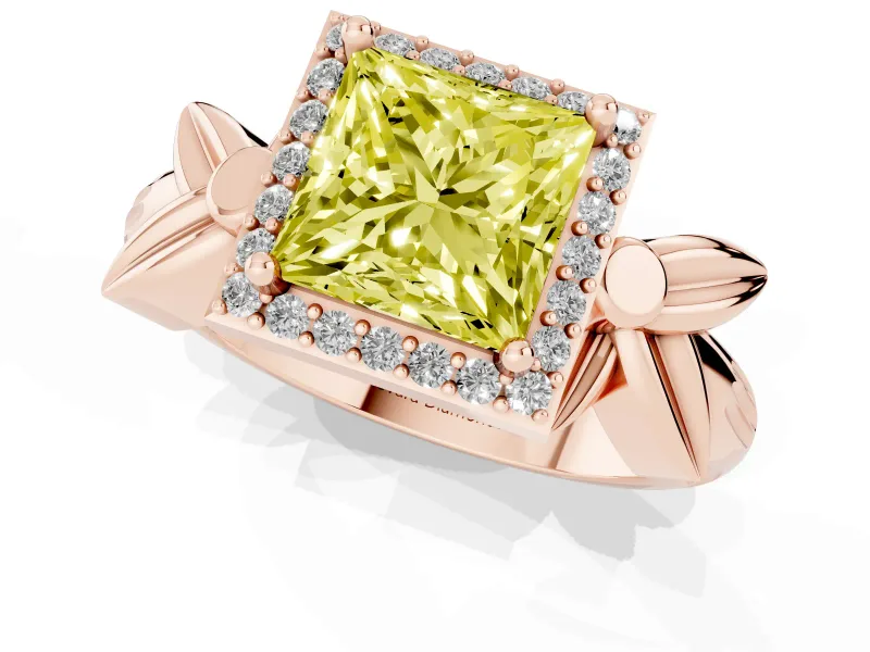 Princess Cut Floral Halo Engagement Ring Setting for a Fancy Yellow Lab-Grown Diamond | Rose Gold
