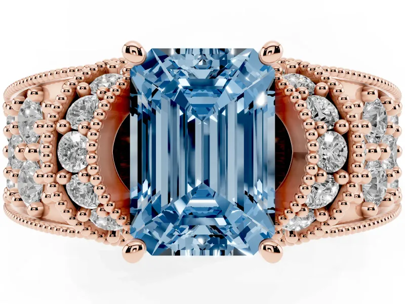 Emerald Cut Vintage Pave Engagement Ring Setting for a Fancy Blue Lab-Grown Diamond | Milgrain Edges | Rose Gold