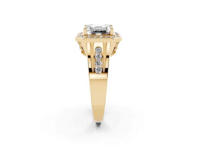 Asscher Cut Vintage Halo Engagement Ring Setting | Channel-Set Split Shank | Yellow Gold