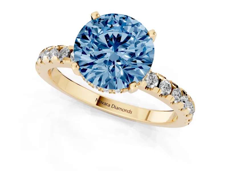 Round Hidden Halo Solitaire Engagement Ring Setting for a Fancy Blue Lab-Grown Diamond | Pave Band | Yellow Gold