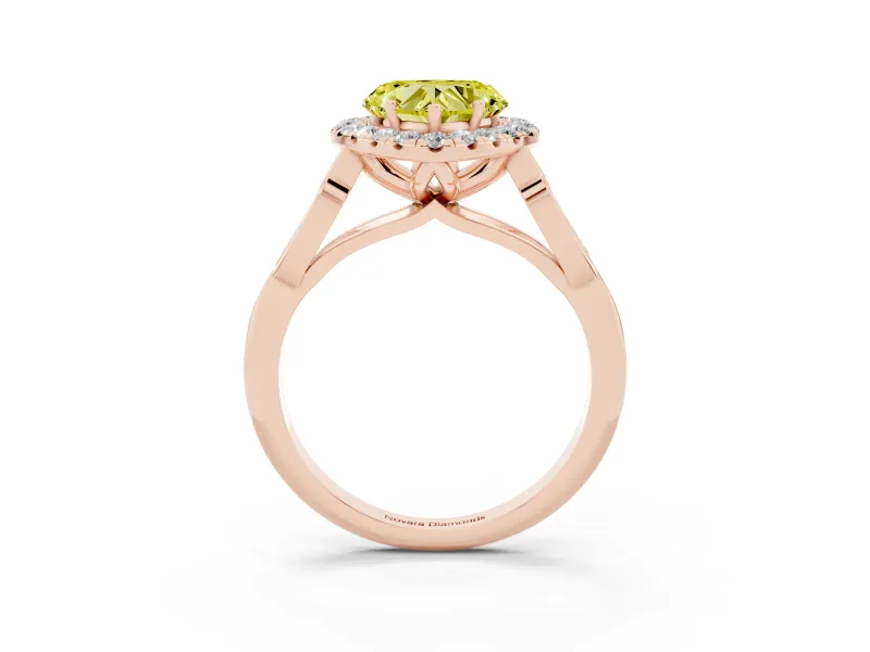 Fancy Yellow Heart Cut Diamond Halo Engagement Ring Set in Rose gold with Filigree Band and Prong-Set Center
