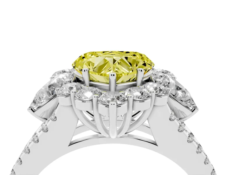 Fancy Yellow Heart Cut Diamond Halo Split Shank Engagement Ring Set in Silver with Prong-Held Center Stone