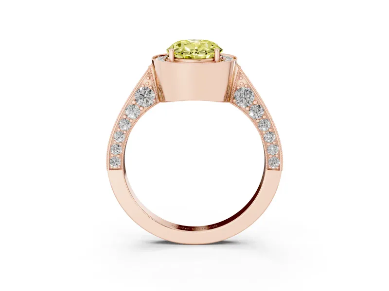 Oval Milgrain Halo Engagement Ring Setting for a Fancy Yellow Lab-Grown Diamond | Side Stones | Rose Gold