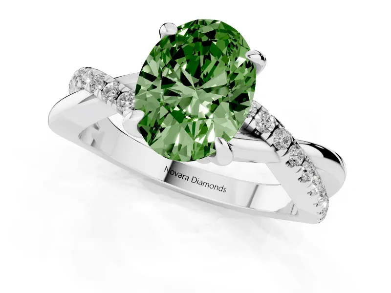 Fancy Green Oval Cut Diamond Twist Band Solitaire Set in White gold with Pavé Accents and Prong Setting