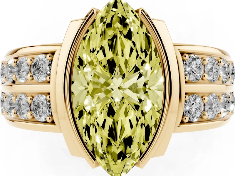 Marquise Half Bezel Engagement Ring Setting for a Fancy Yellow Lab-Grown Diamond | Double Row Channel Band | Yellow Gold
