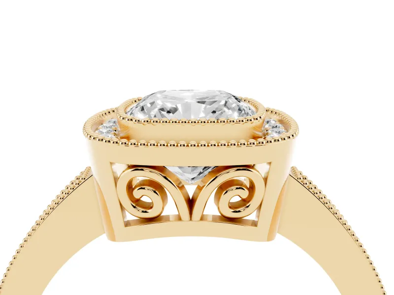 Cushion Cut Diamond Halo Ring Set in Yellow gold with Pavé Band and Milgrain-Edged Prongs