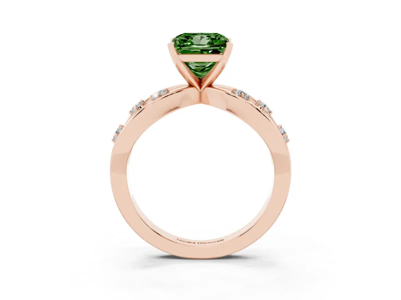 Fancy Green Princess Cut Diamond Solitaire Ring Set in Rose gold with Side Stones on Criss-Cross Band and Prong Setting