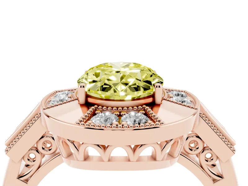 Fancy Yellow Oval Cut Diamond Milgrain Halo Ring Set in Rose gold with Split Shank