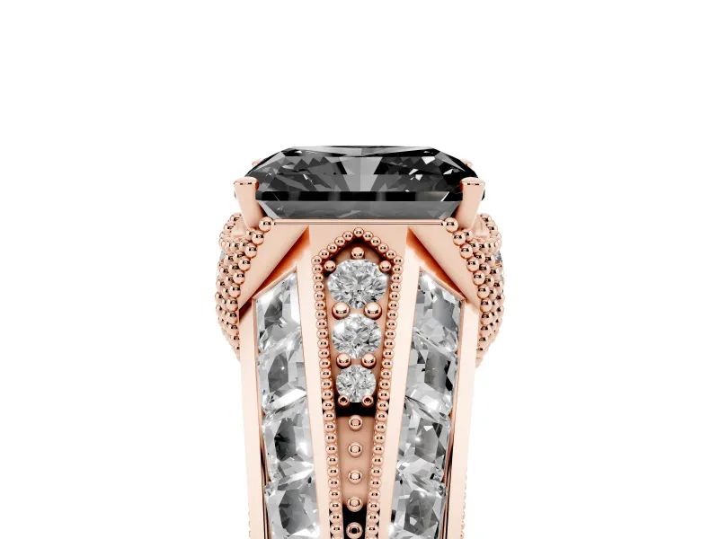 Fancy Black Radiant Cut Diamond Vintage-Inspired Milgrain Ring Set in Rose gold with Accent Split Shank