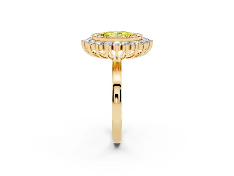 Fancy Yellow Oval Cut Diamond Halo Ring Set in Yellow gold with Milgrain Edge and Round Prong Setting