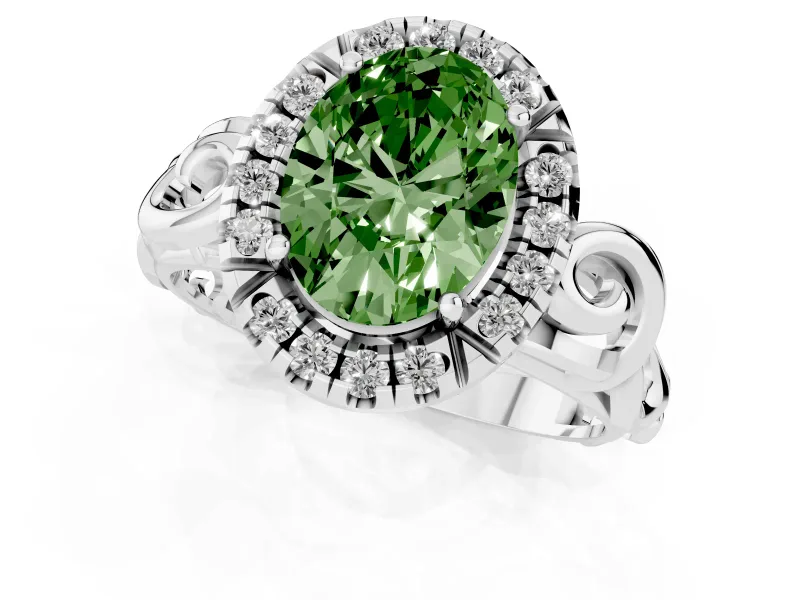 Fancy Green Oval Cut Diamond Halo Ring Set in Silver with Scrollwork Band and Prong Setting