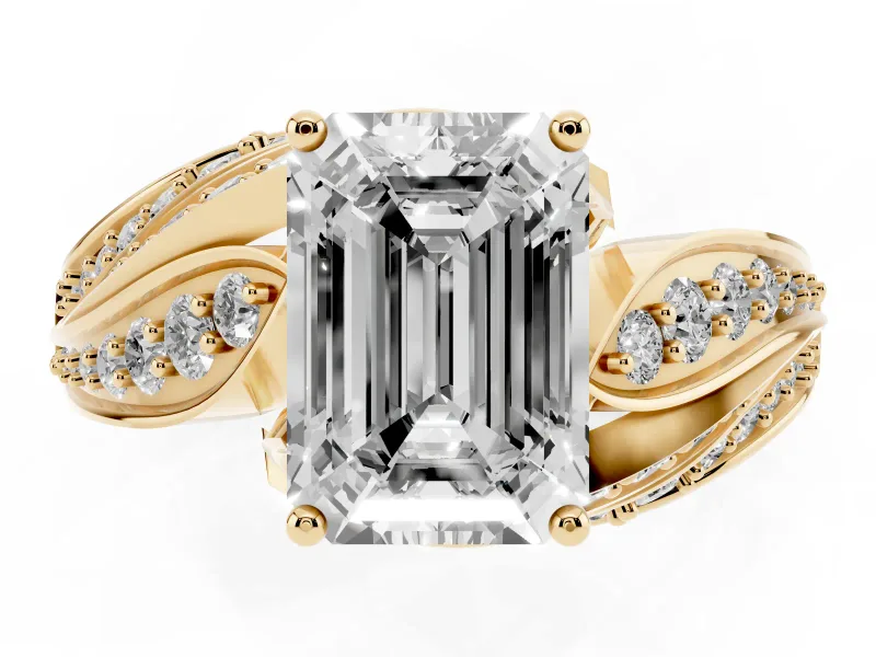 Emerald Cut Bypass Hidden Halo Engagement Ring Setting | Graduated Pavé | Yellow Gold