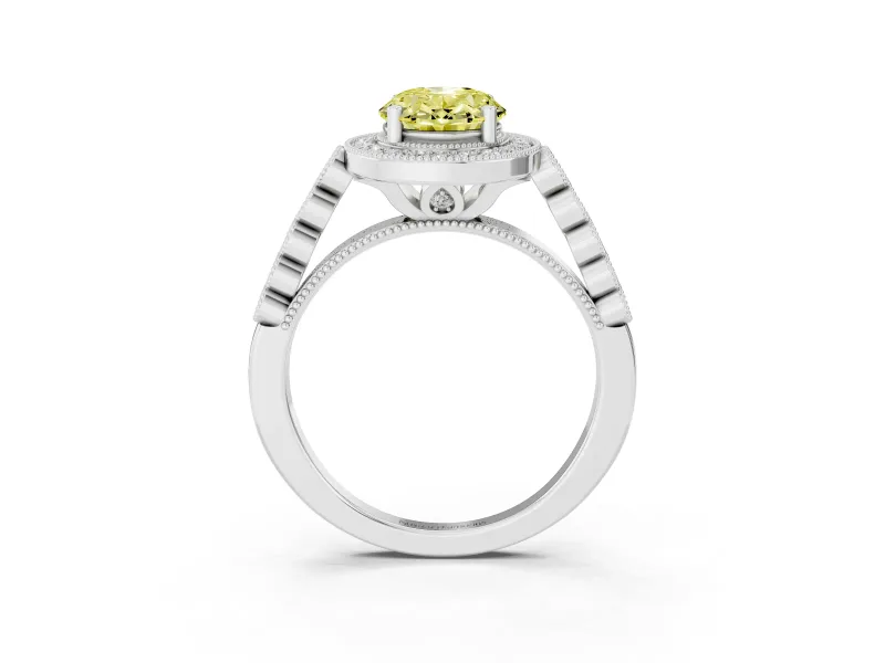 Fancy Yellow Oval Cut Diamond Milgrain Halo Solitaire Ring Set in White gold with Bezel Set Side Stones and Pavé Band