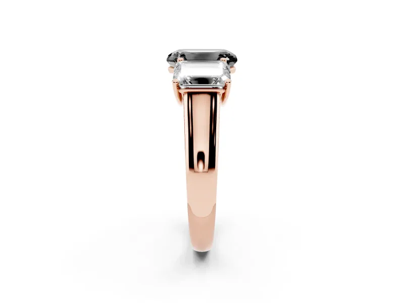 Emerald Cut Three Stone Engagement Ring Setting for a Black Center | Basket Prong Heads | Rose Gold