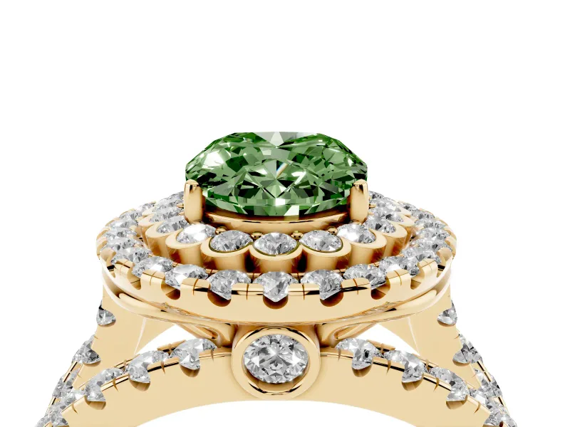 Oval Double Halo Split Shank Engagement Ring Setting for a Fancy Green Lab-Grown Diamond | Pave Strands | Yellow Gold