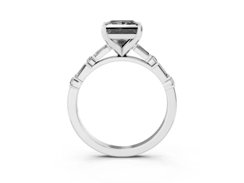 Fancy Black Princess Cut Diamond Solitaire Set in Silver with Side Baguettes and Channel Set Band