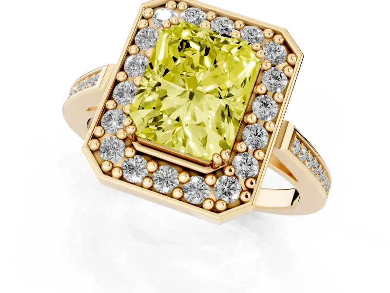 Radiant Cut Halo Engagement Ring Setting for a Fancy Yellow Lab-Grown Diamond | Polished Halo Rim | Yellow Gold