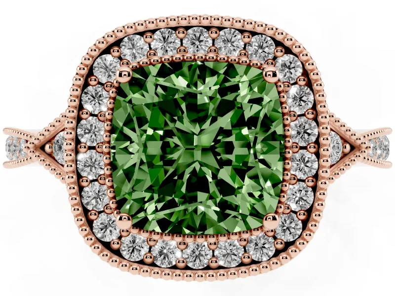 Fancy Green Cushion Cut Diamond Halo Engagement Ring Set in Rose gold with Milgrain Pavé Band