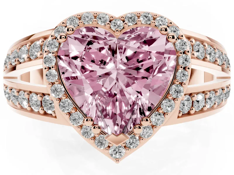 Fancy Pink Heart Cut Diamond Halo Ring Set in Rose gold with Double Pavé Split Shank