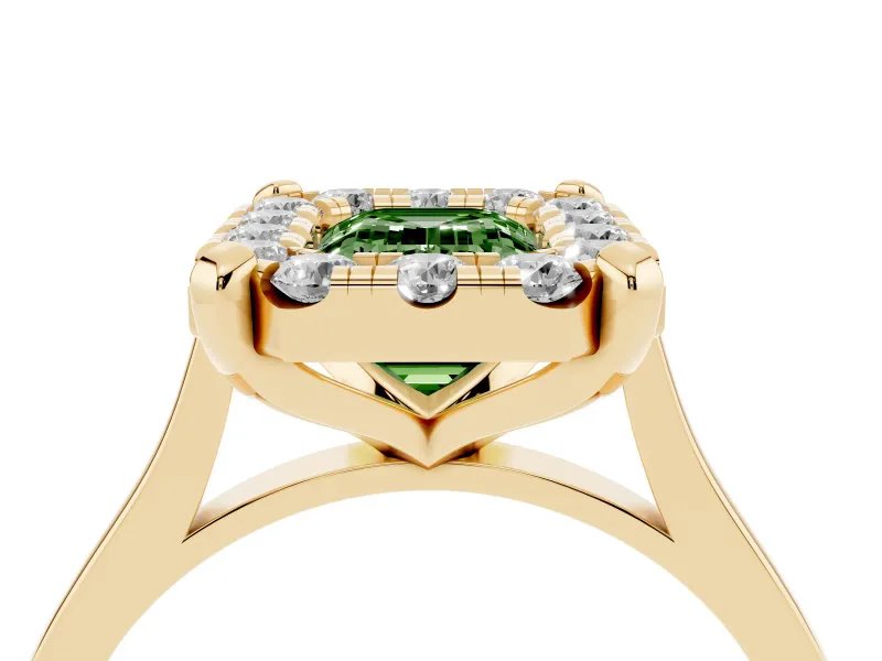 Emerald Cut Claw Corner Halo Engagement Ring Setting for a Fancy Green Lab-Grown Diamond | Slim Plain Band | Yellow Gold