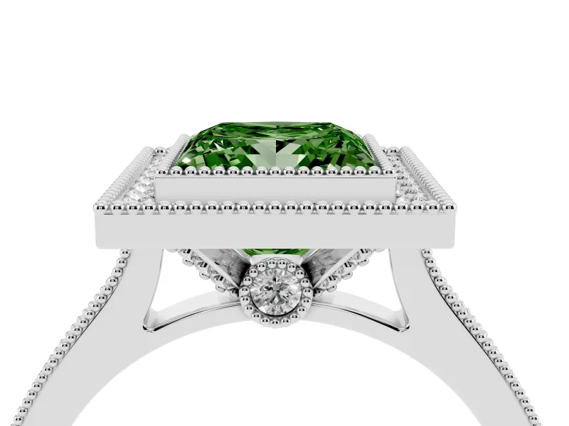 Princess Cut Vintage Milgrain Halo Engagement Ring Setting for a Fancy Green Lab-Grown Diamond | Bezel Head | White Gold