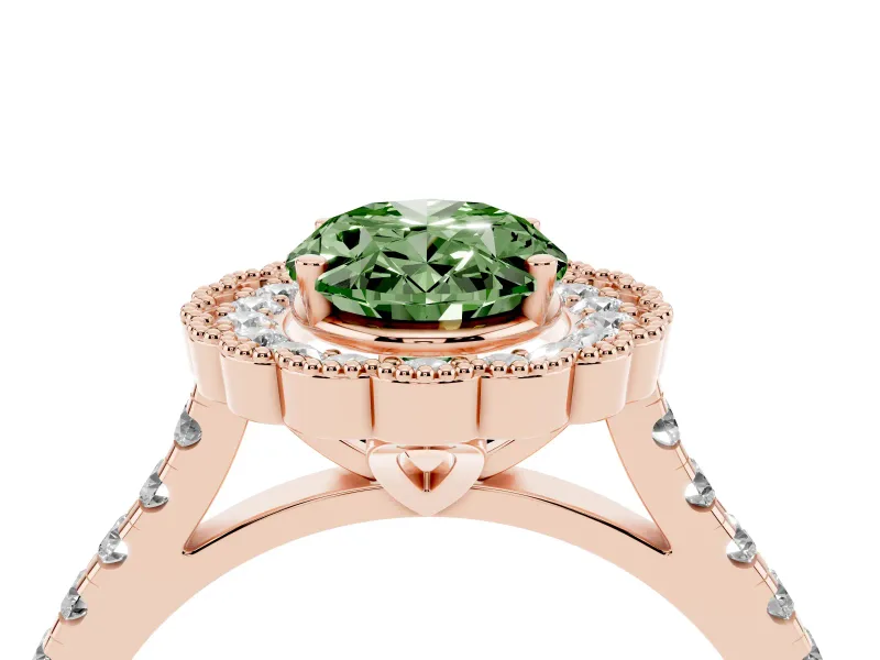 Fancy Green Oval Cut Diamond Milgrain Floral Halo Engagement Ring Set in Rose gold with Pavé Band