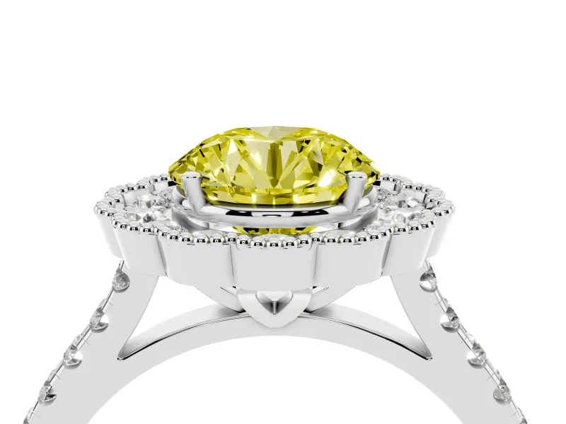 Fancy Yellow Round Cut Diamond Milgrain Floral Halo Engagement Ring Set in Silver with Pavé Band
