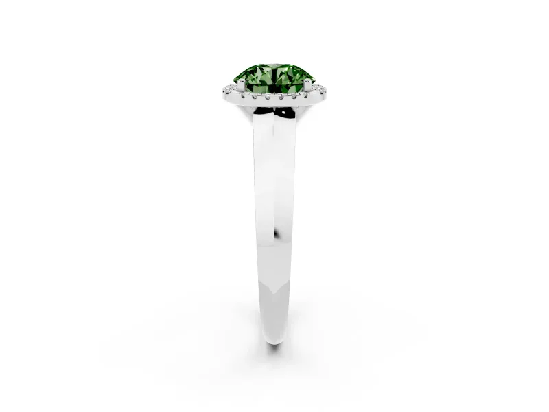Fancy Green Round Cut Diamond Halo Ring Set in White gold with Cathedral Band and Prong Setting