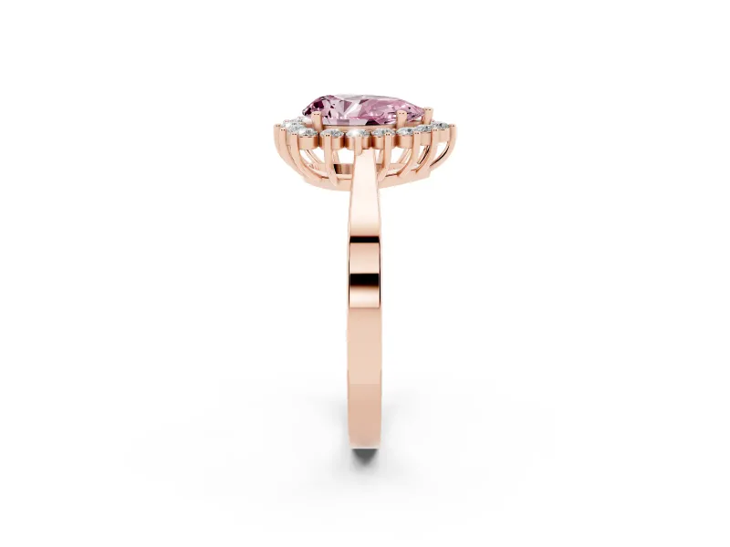 Fancy Pink Pear Cut Diamond Halo Ring Set in Rose gold with Round Halo and Smooth Solitaire Band