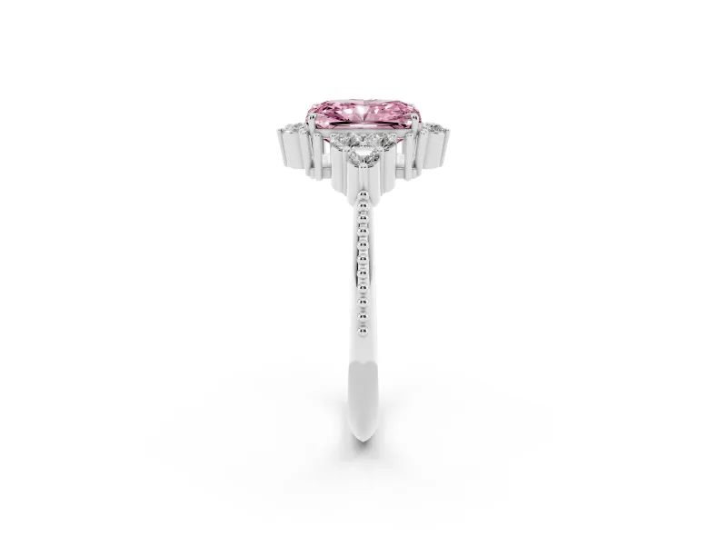 Fancy Pink Radiant Cut Diamond Cluster Ring Set in Silver with Beaded Band