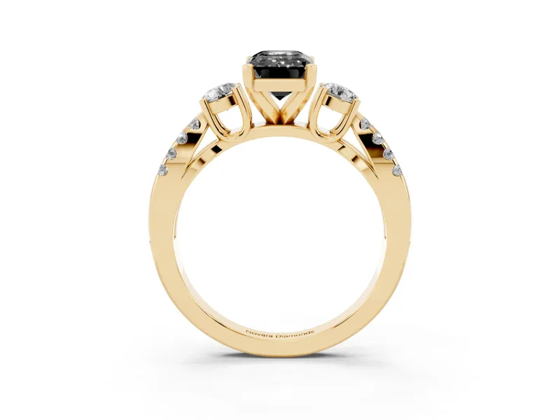 Fancy Black Emerald Cut Diamond Three-Stone Ring Set in Yellow gold with Pavé Split Shank and Prong Setting