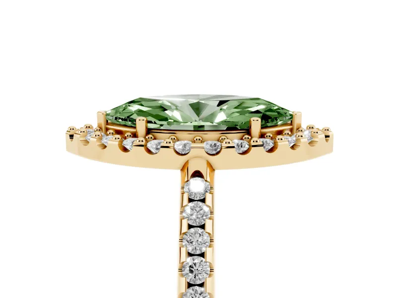 Marquise Pave Halo Engagement Ring Setting for a Fancy Green Lab-Grown Diamond | Pave Band | Yellow Gold