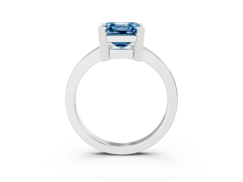 Fancy Blue Asscher Cut Diamond Solitaire Ring Set in Platinum with Prong Head and Smooth Polished Band