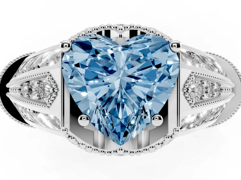 Fancy Blue Heart Cut Diamond Vintage-Inspired Milgrain Ring Set in Platinum with Accent Split Shank