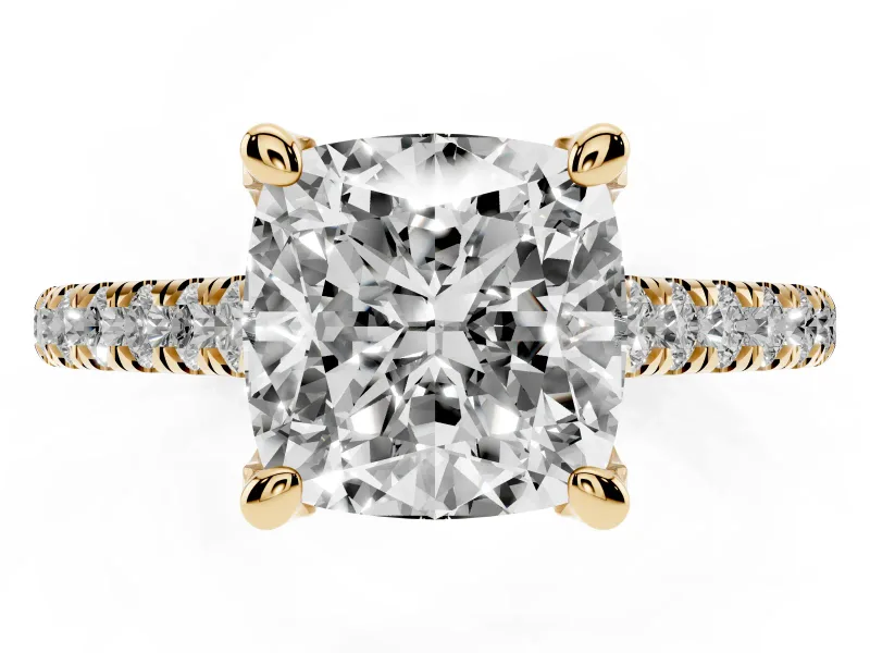 Cushion Cut Hidden Halo Pave Engagement Ring Setting | Claw Prongs | Yellow Gold