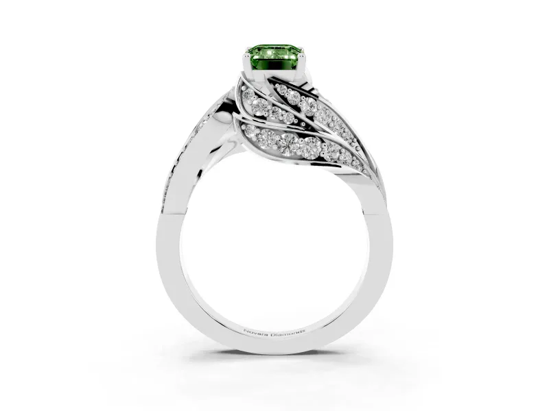 Emerald Cut Bypass Hidden Halo Engagement Ring Setting for a Fancy Green Lab-Grown Diamond | Graduated Pavé | White Gold