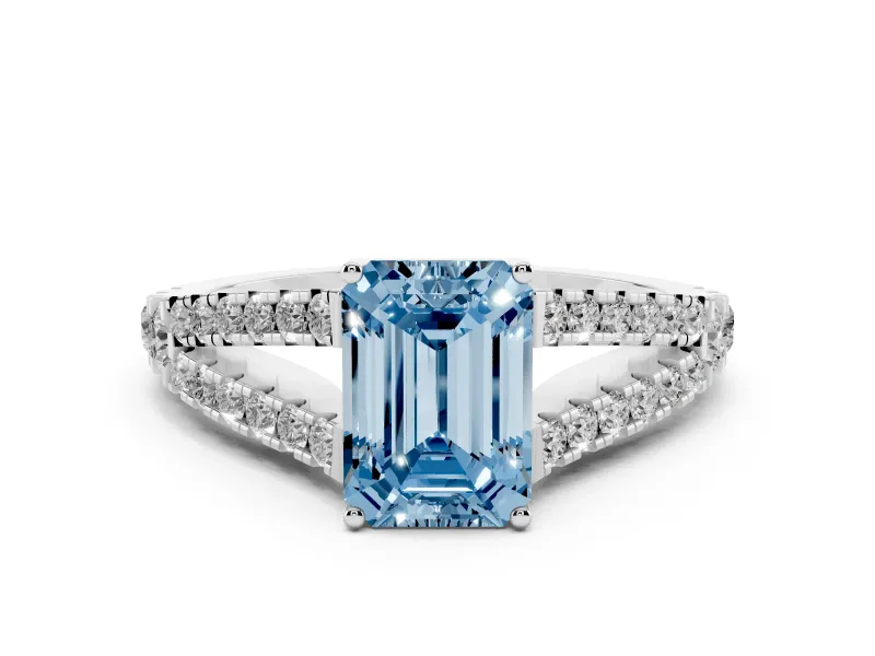 Fancy Blue Emerald Cut Diamond Split Shank Pavé Engagement Ring Set in Platinum with Prong-Held Center Stone